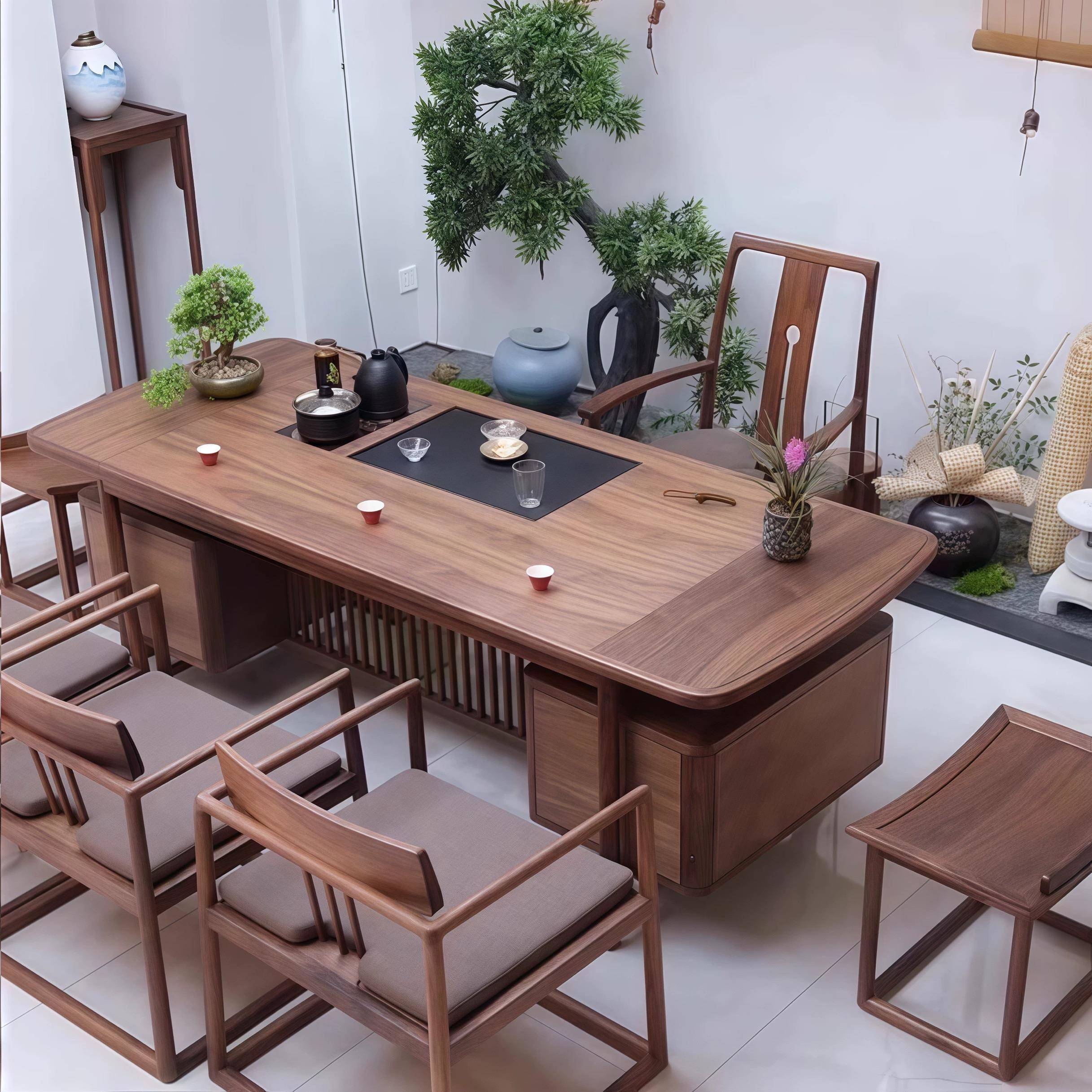 新中式北美黑胡桃木茶桌宋式美学实木泡茶台办公室泡茶桌定制家具