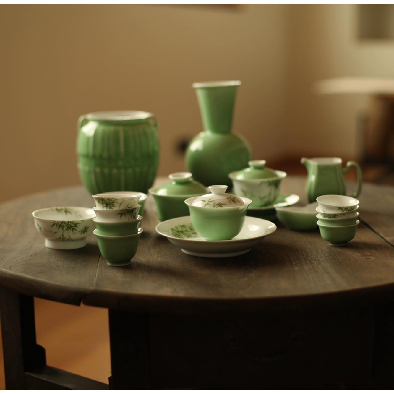 |梅似雪|《豆青翠竹》整套功夫茶具 盖碗茶杯工夫茶 手绘高温陶瓷