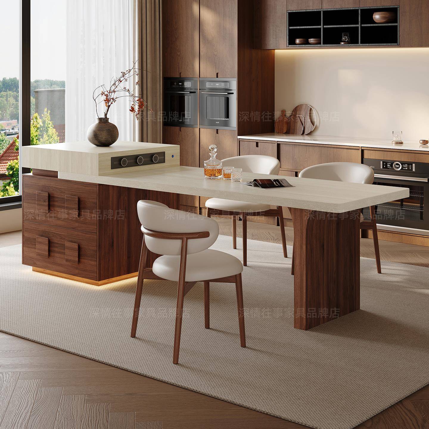 覆古风胡桃色多功能可泡茶餐桌岛台一体家用可伸缩小户型餐厅岛台