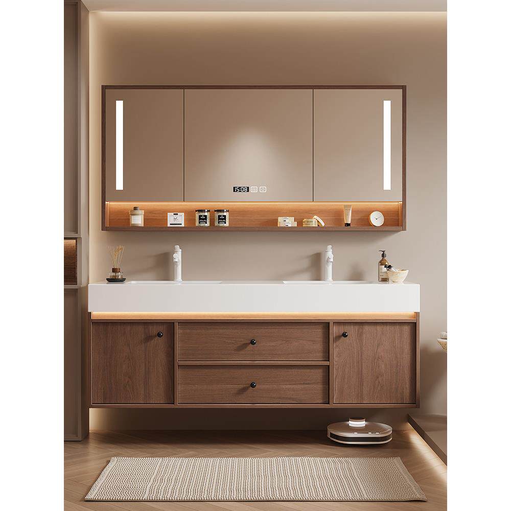 核桃中世纪风格板岩无缝双盆浴室柜组合洗脸盆浴室水槽洗脸盆柜