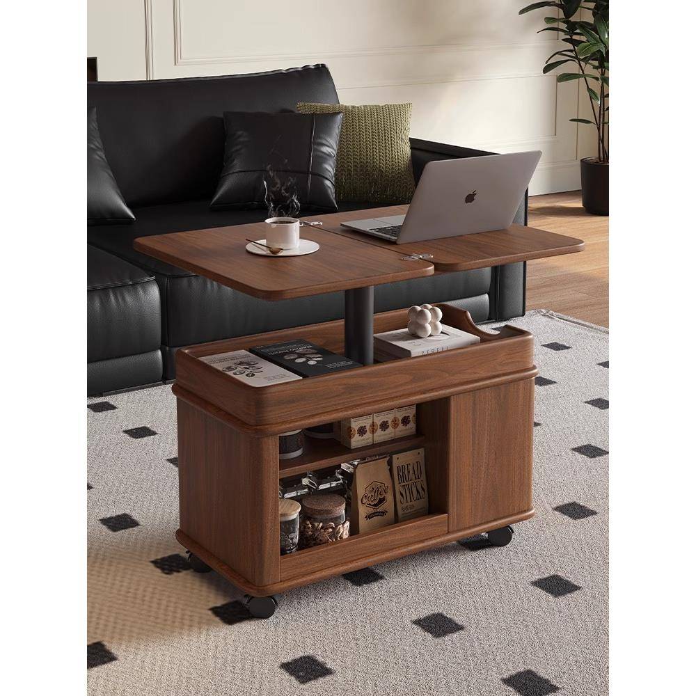 中古风实木茶几升降可折叠客厅沙发边几移动小推车家用角几小桌子