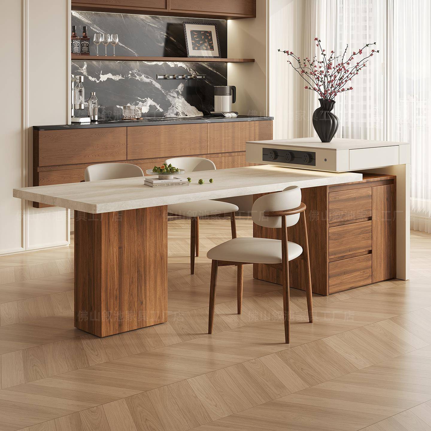 法式中古风洞石下挂岩板岛台餐桌一体可伸缩家用多功能高端中导台