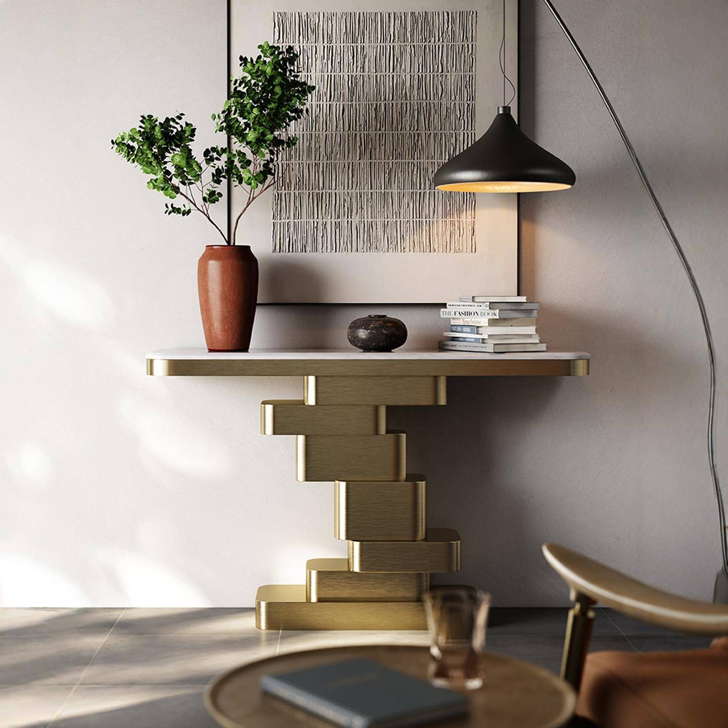 轻奢玄关台家用入户不锈钢高端设计师玄关桌天然大理石台面极简风