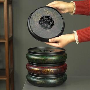 中式圆型茶盘壶承储水干泡茶台大漆老铁器复古茶具禅意茶道茶托盘