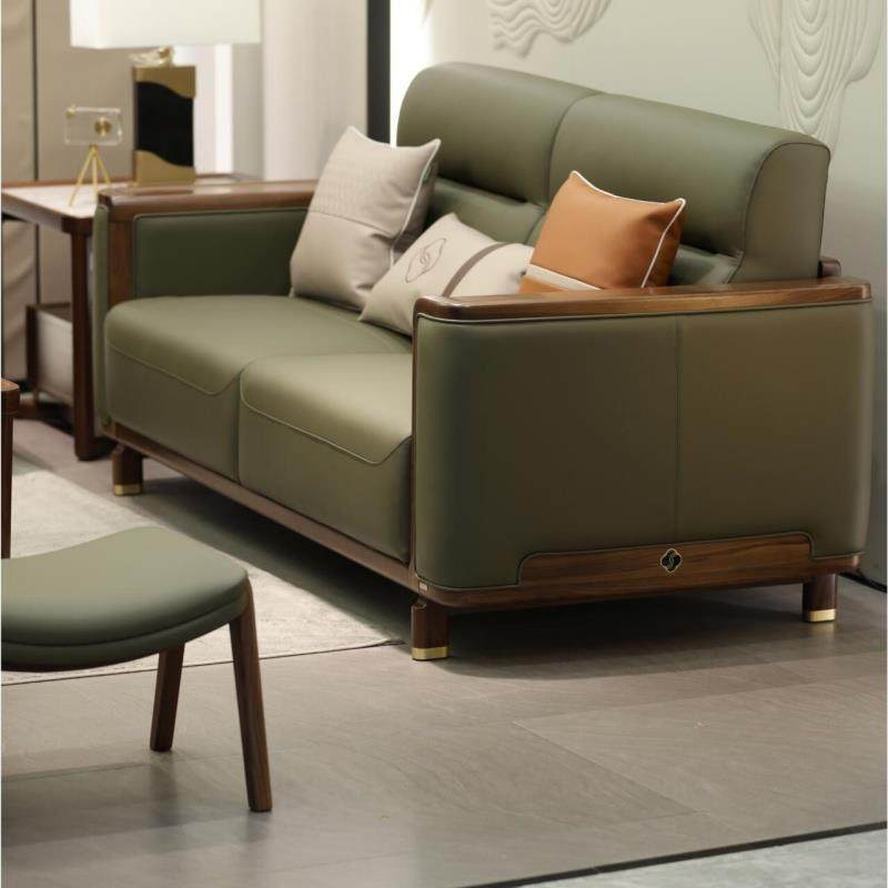 新中式黑胡桃木真皮沙发组合2025新款实木沙发别墅大平层接待沙发