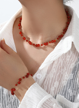 红玛瑙串珠项链女轻奢小众本命年