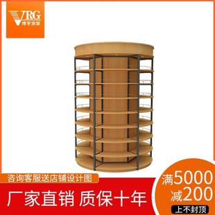 食品店包柱双面货架超市大型木质旋转式展示架商场钢木结合货柜