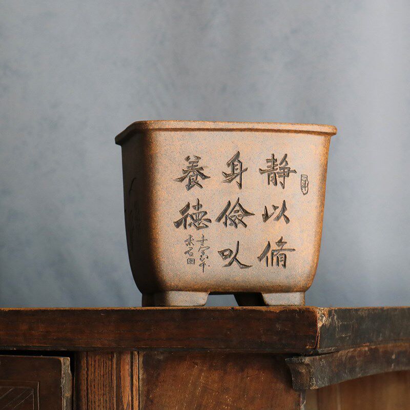 玲珑柴烧小四方盆精品手工刻绘口径18.3高16松柏黄杨君子蕙春寒兰
