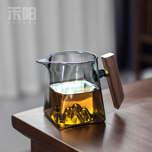 禾阳 玻璃公道杯茶漏套装一体木把功夫分茶器大容量茶海公杯高档