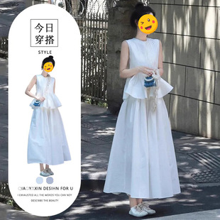 单件 清纯系夏日甜美风独特无袖 掐腰上衣配感显瘦半身裙女装