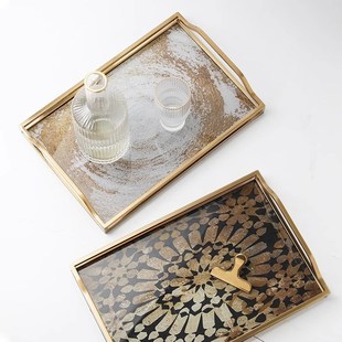轻奢玻璃收纳托盘果盘长方形茶盘高级感装 欧式 饰盘家用水杯置物盘