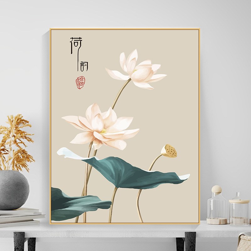 荷花diy数f字油画荷韵新中式客厅卧室唯美装饰画年年有鱼填色挂画图片