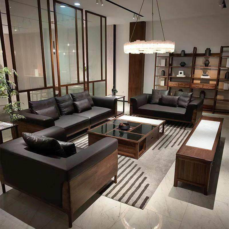 新中式实木真皮艺术沙发组合现代简约轻奢办公接待区黑胡桃木沙发