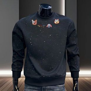 新款港风复古亮片慵懒风圆领卫衣男生秋冬季宽松加绒保暖长袖上衣