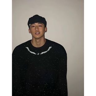 外穿印花中长款小众慵懒秋冬新款满天星亮片卫衣长袖男士圆领上衣