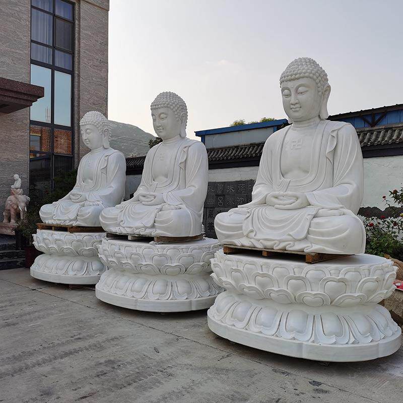 供应 石雕三宝佛 汉白玉三世佛像 释迦摩尼佛寺庙雕塑摆件