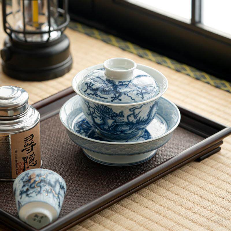 青花三才盖碗高档大号龙纹单个敬茶碗中式仿古功夫茶具陶瓷泡茶碗