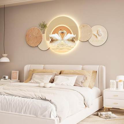 侘寂风卧室LED发光天鹅装饰壁画石来运转砂岩床头墙面高级感挂画