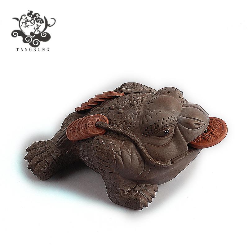 马上有钱青花瓷宜兴紫砂茶宠手工金蟾招财进宝三足铜钱仿古