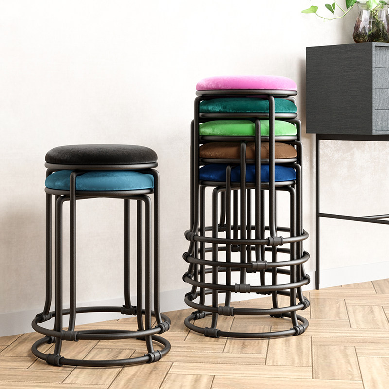 欧式皮凳子家用绒布圆凳客厅沙发凳D茶几凳圆形钢筋餐桌凳磨砂钢