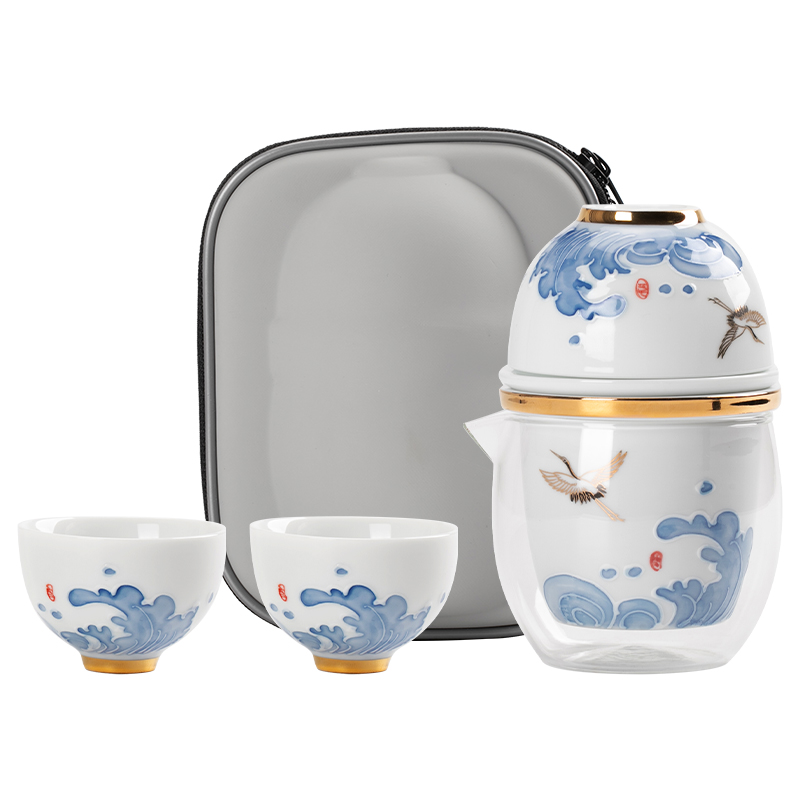 便携式旅行茶具套装手绘青花瓷简易户外功夫泡茶壶茶杯露营快客杯
