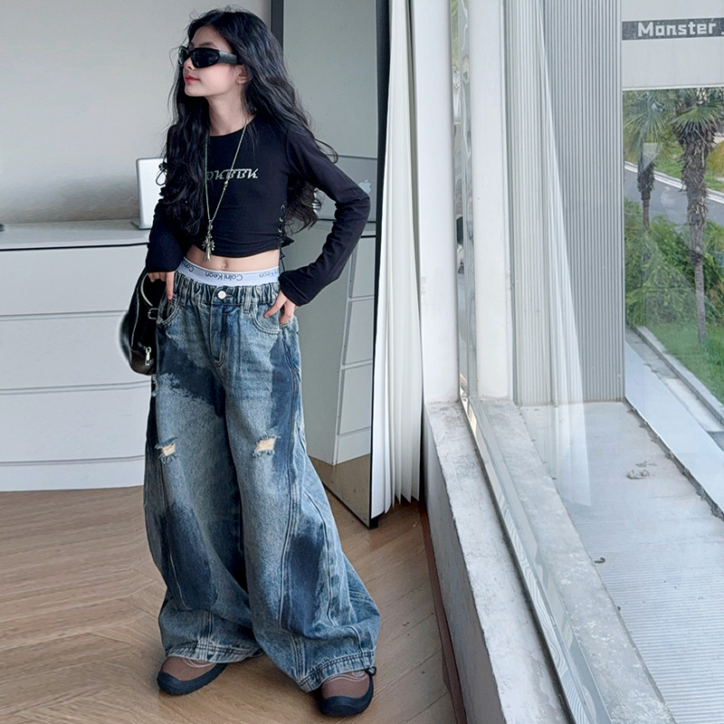 爵士舞女童套装春秋款牛仔阔腿裤