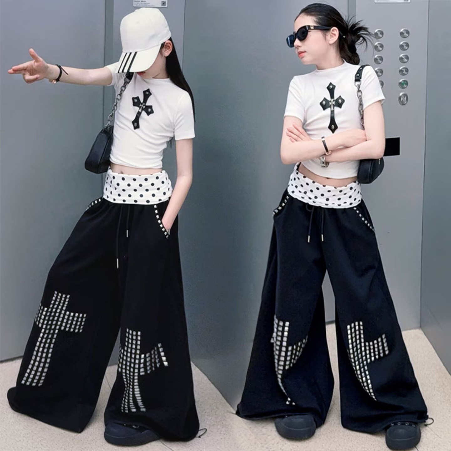 酷飒烫钻十字架铆钉黑阔腿裤女童爵士服白色短袖显瘦儿童走秀时尚