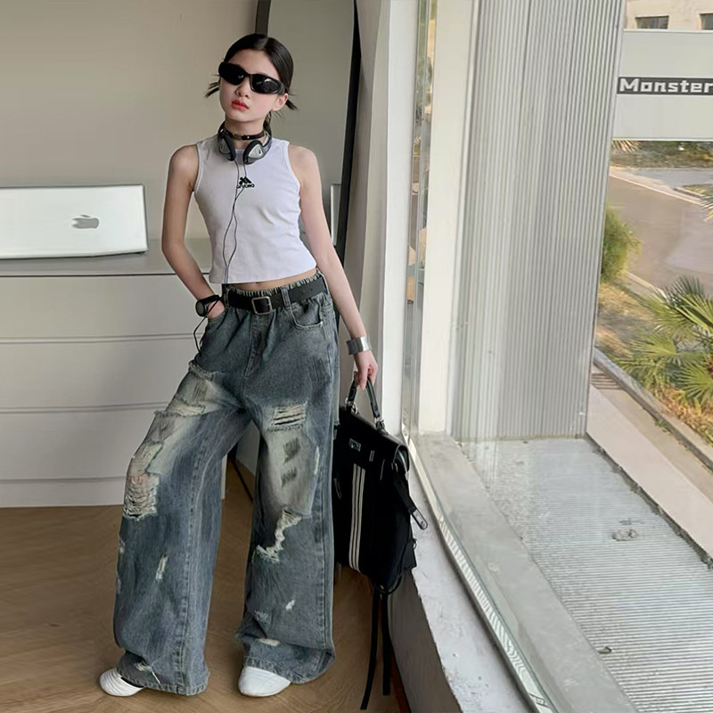 美式复古废土风泼墨破洞牛仔裤女童爵士舞高腰宽松直筒阔腿拖地裤