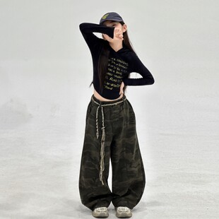 女童秋装套装潮酷时尚修身短款连帽长袖上衣休闲迷彩裤弯刀工装裤