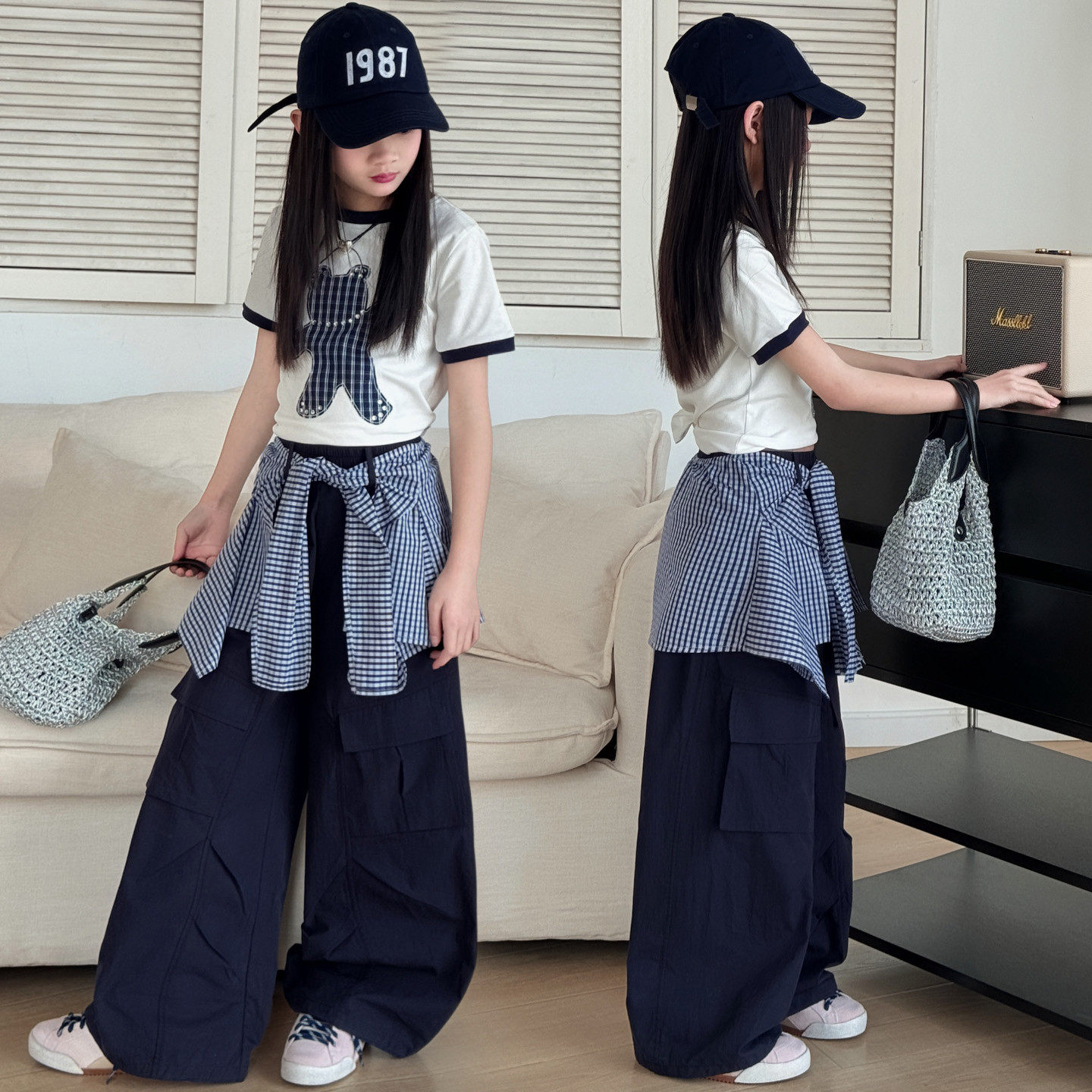女童夏装小熊短袖格子屁帘阔腿裤服中大童爵士舞练功服日常百搭款