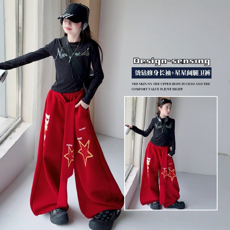 女童街舞套装美式嘻哈风春秋长袖阔腿裤两件套儿童又酷又飒演出服