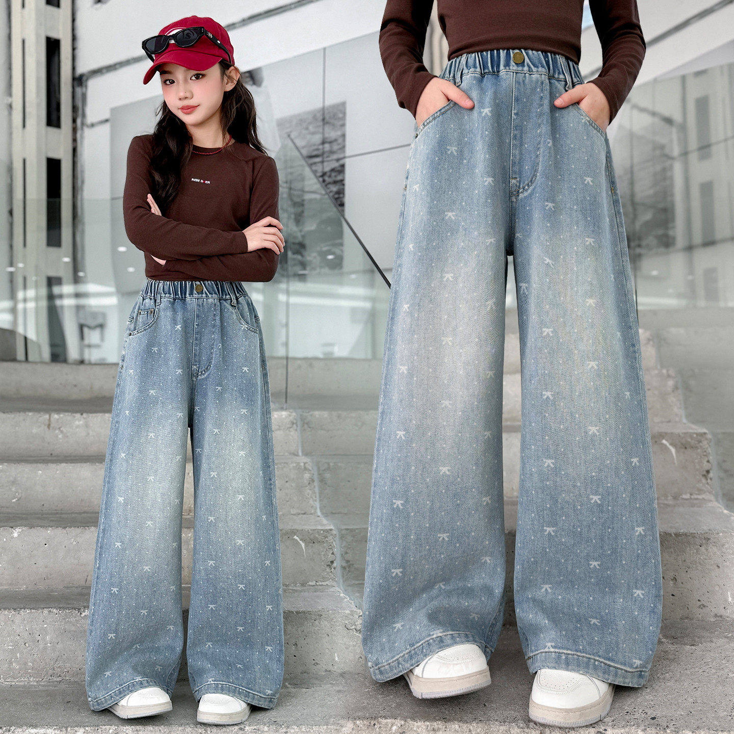 女童牛仔裤春秋新款韩版满天星阔腿裤洋气时髦休闲直筒炸街长裤潮