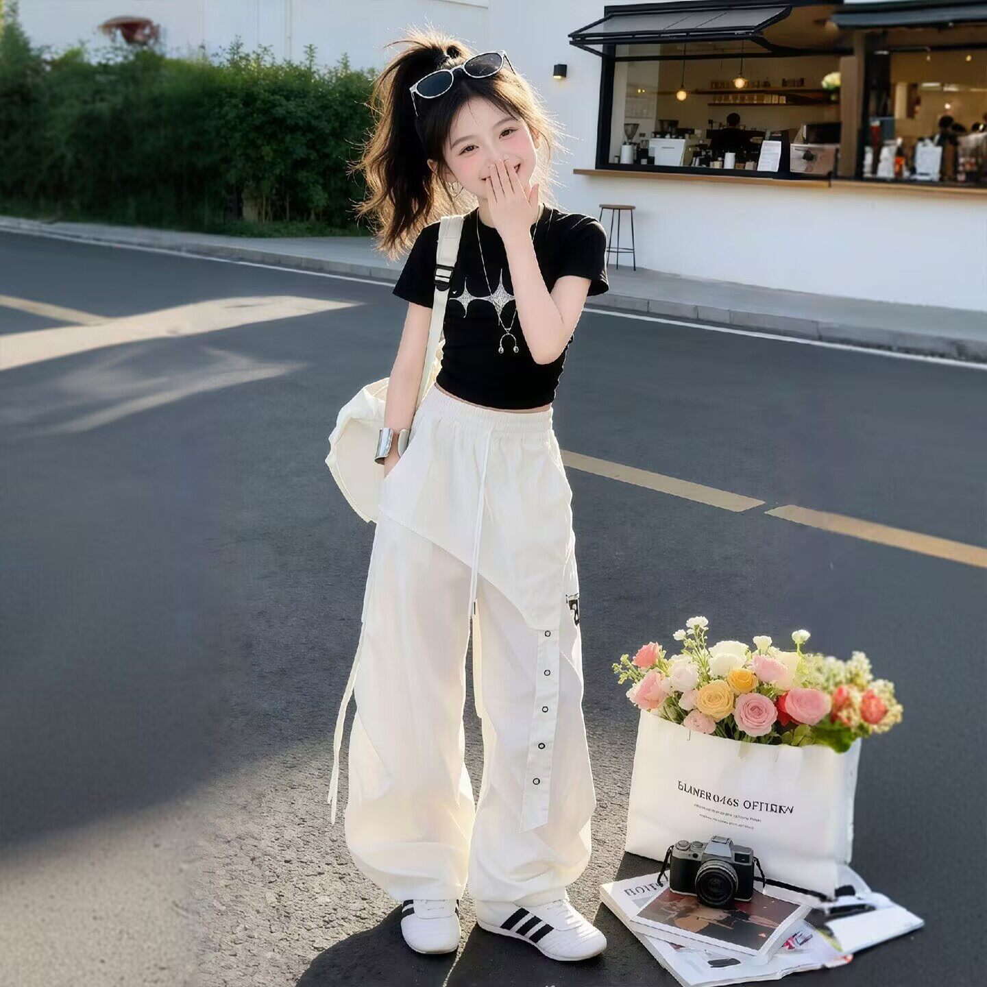 爵士舞服装女童夏装时髦潮酷儿童舞蹈短袖韩系时尚个性街舞表演服