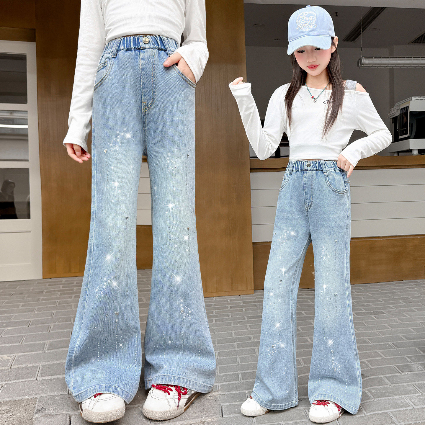 女童喇叭裤春秋款2026新款烫钻春季牛仔裤女大童弹力休闲儿童裤子