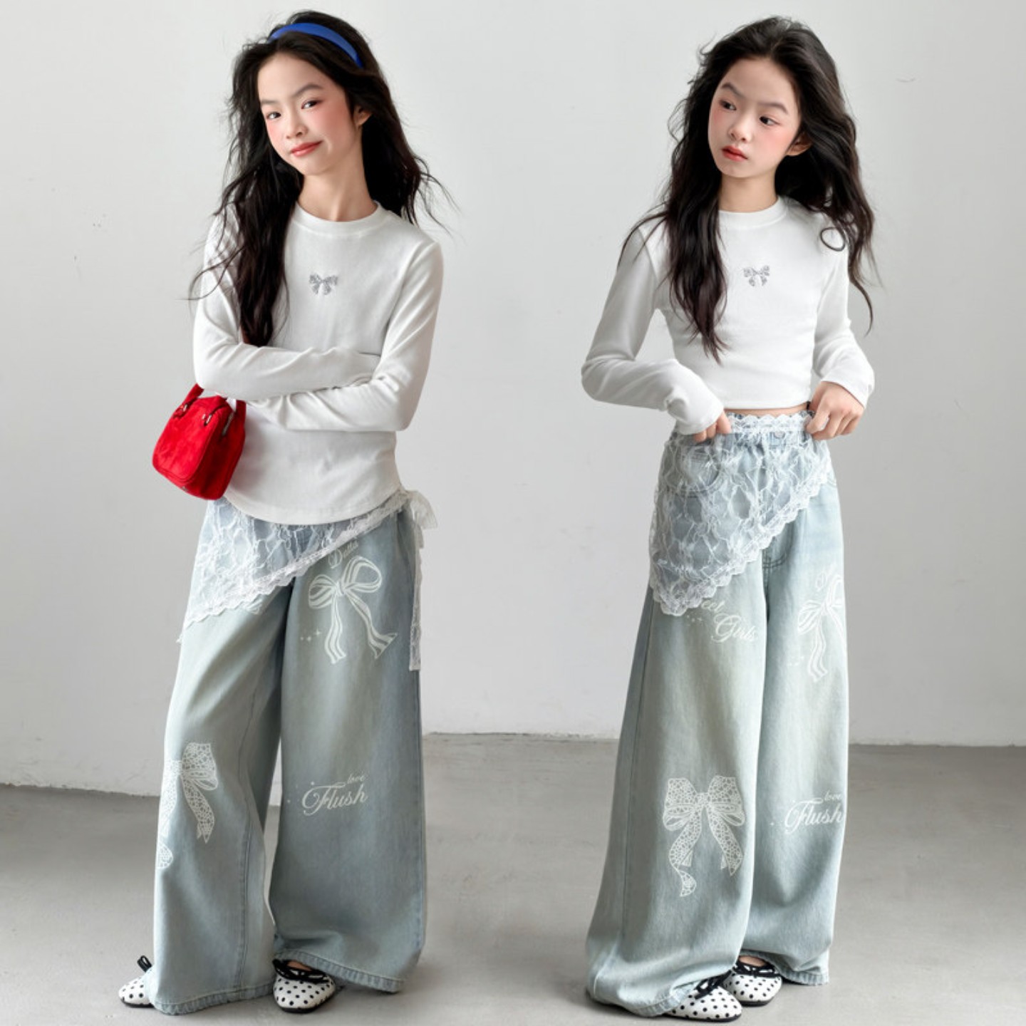 爵士舞服装女童蝴蝶结蕾丝牛仔裤套装2026新款中大童演出服两件套