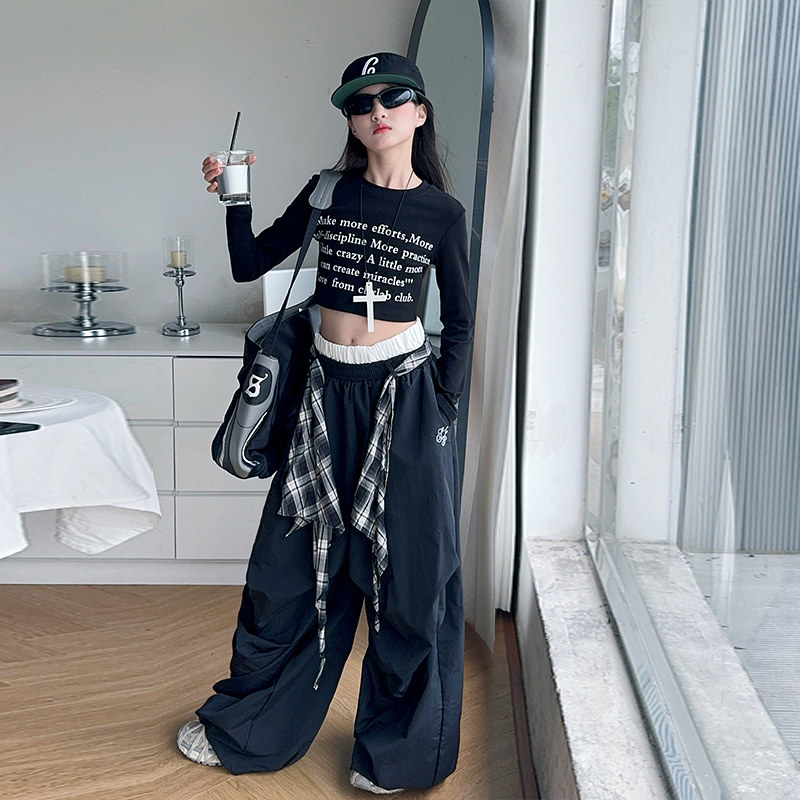 爵士舞女童美式黑色双腰刺绣工装裤2025新款中大儿童春秋季阔腿裤