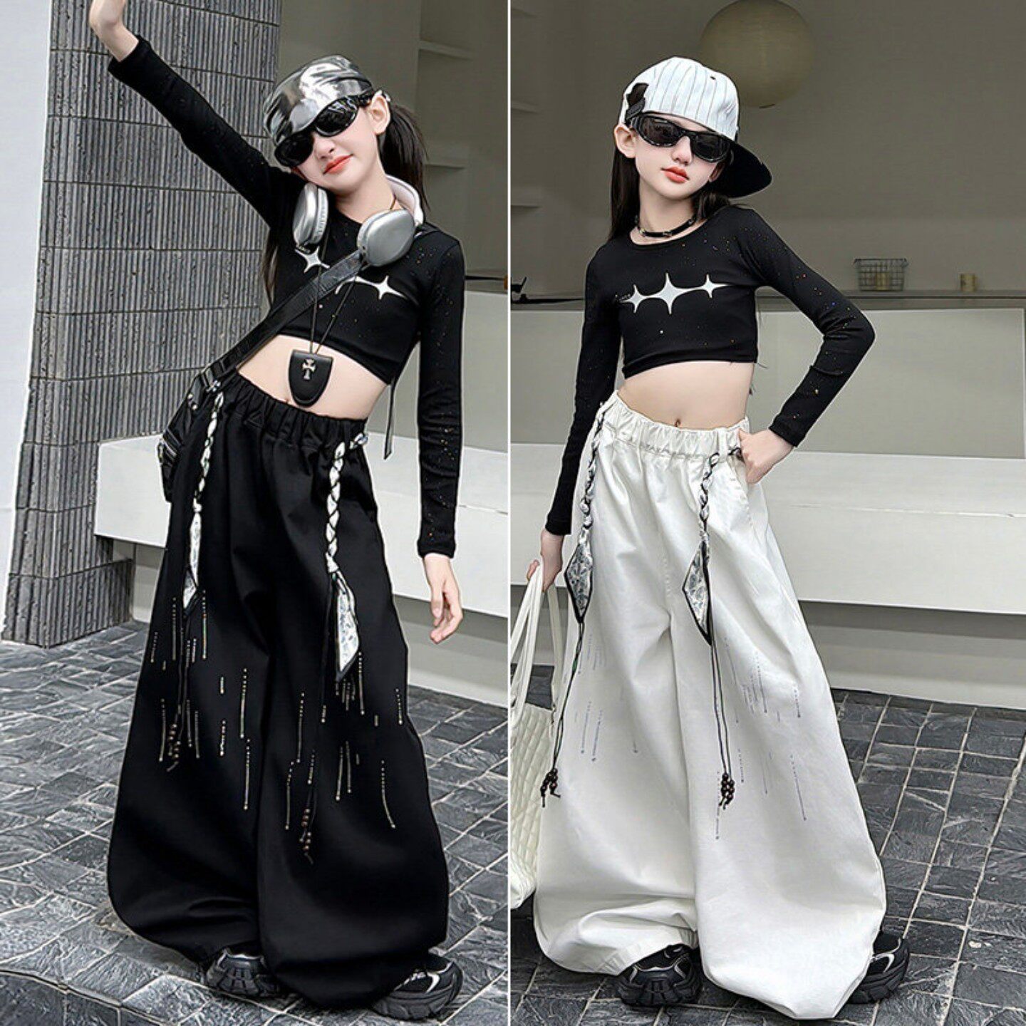 女童爵士舞服装演出嘻哈套装少儿街舞表演服酷辣妹风黑色紧身上衣