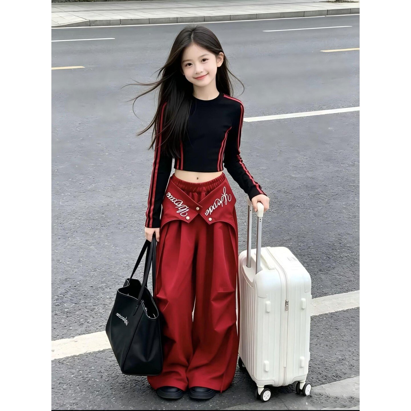 女童街舞爵士舞演出服套装秋装2026儿童长袖T恤伞兵阔腿裤两件套8