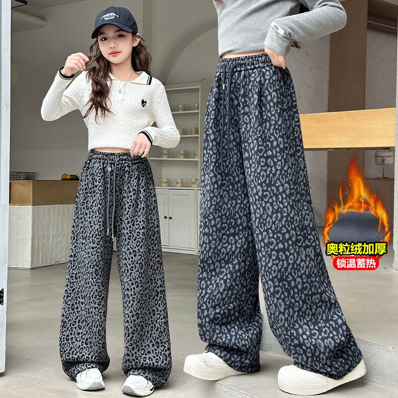 女童加绒豹纹阔腿裤秋冬2025新款儿童加厚休闲直筒初中生运动裤子