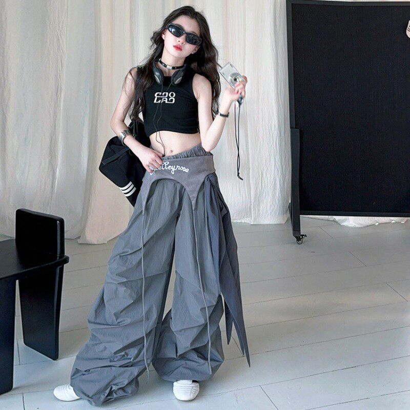 女童叠穿飘带伞兵工装裤儿童2026年款爵士舞街舞演出服潮裤子套装