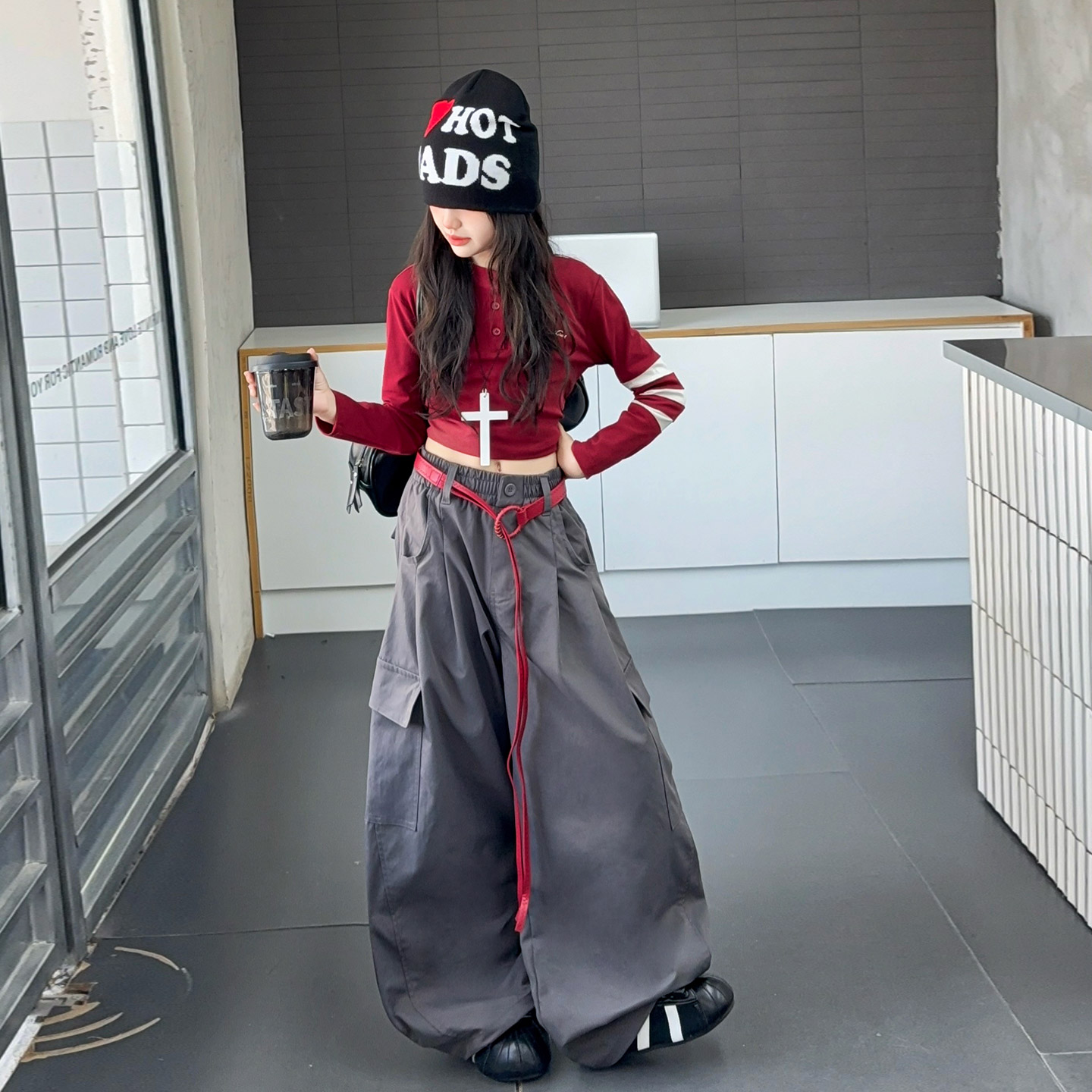 爵士舞女童腰带弯刀工装裤套装