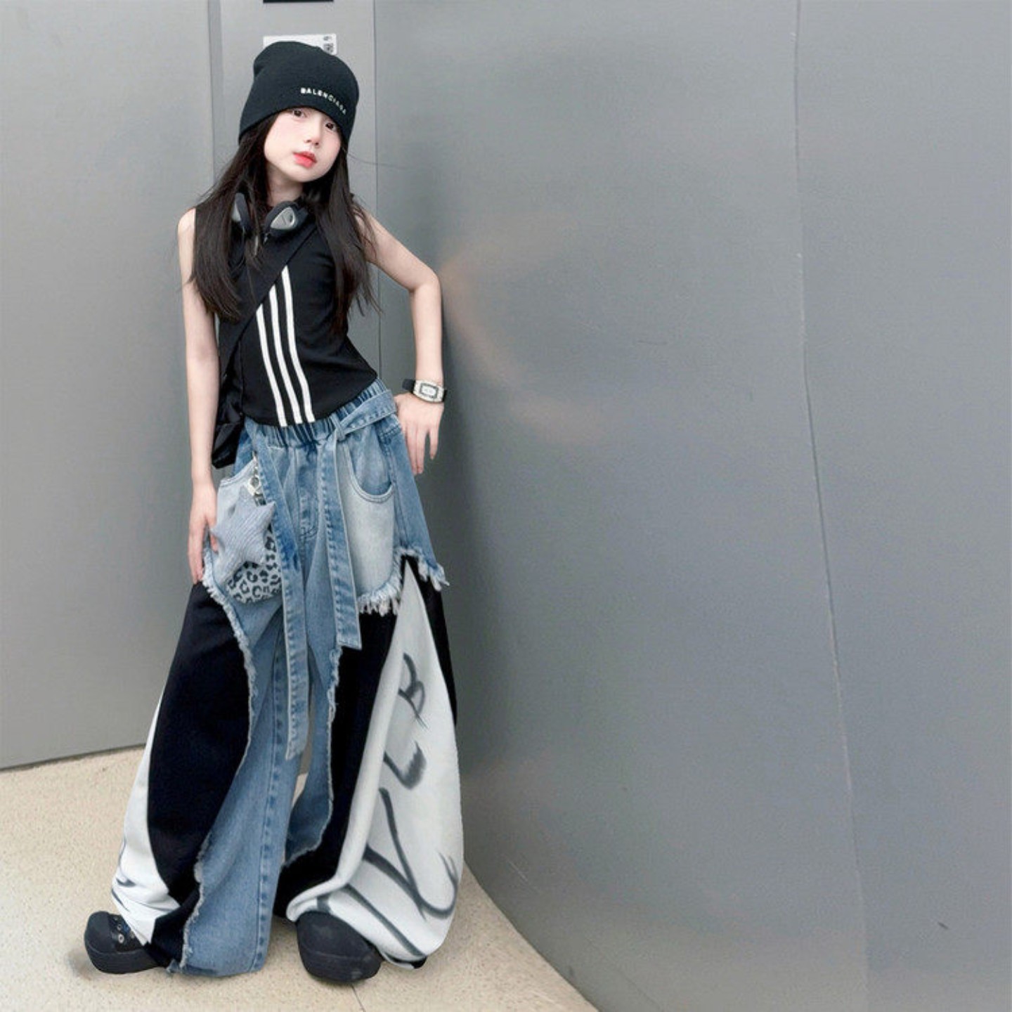 女童爵士舞夏装套装2026款女孩美式无袖背心设计感阔腿裤两件套潮