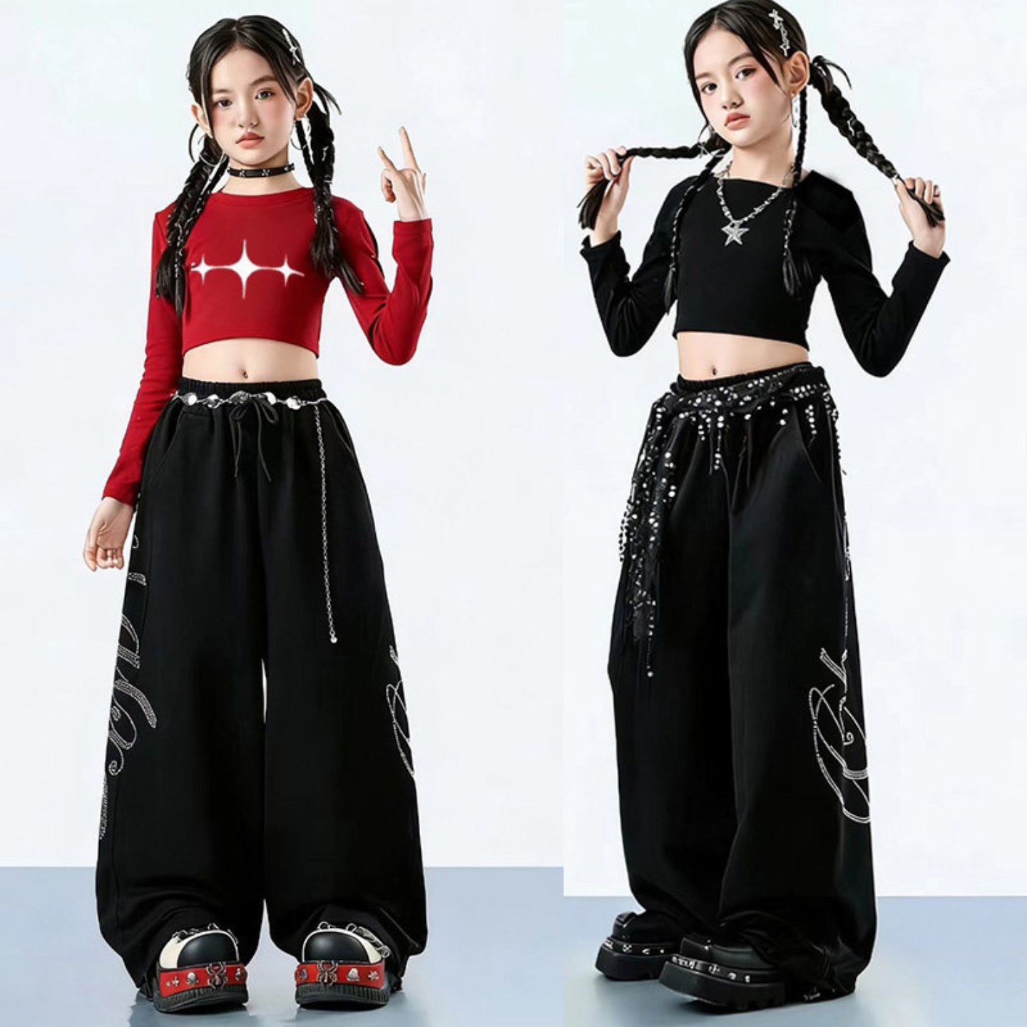 女童爵士舞演出服黑色露印花脐套装街舞潮酷嘻哈舞儿童表演服装