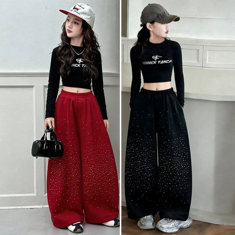 爵士舞蹈女童街舞演出服套装长袖露脐上衣练功阔腿裤烫钻加绒裤子,童装/婴儿装/亲子装,儿童演出服,淘宝优惠券,粉丝福利购,淘宝优惠卷