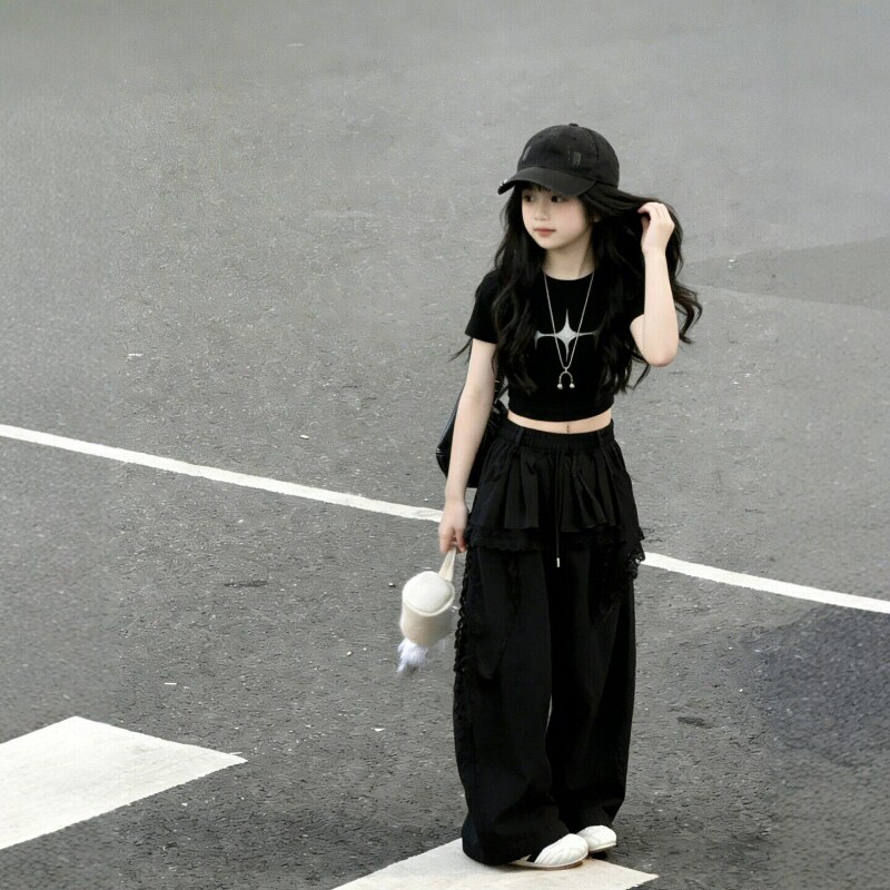 爵士舞女童网红炸街裤子2026款套装超火超好看韩系夏季薄款阔腿裤