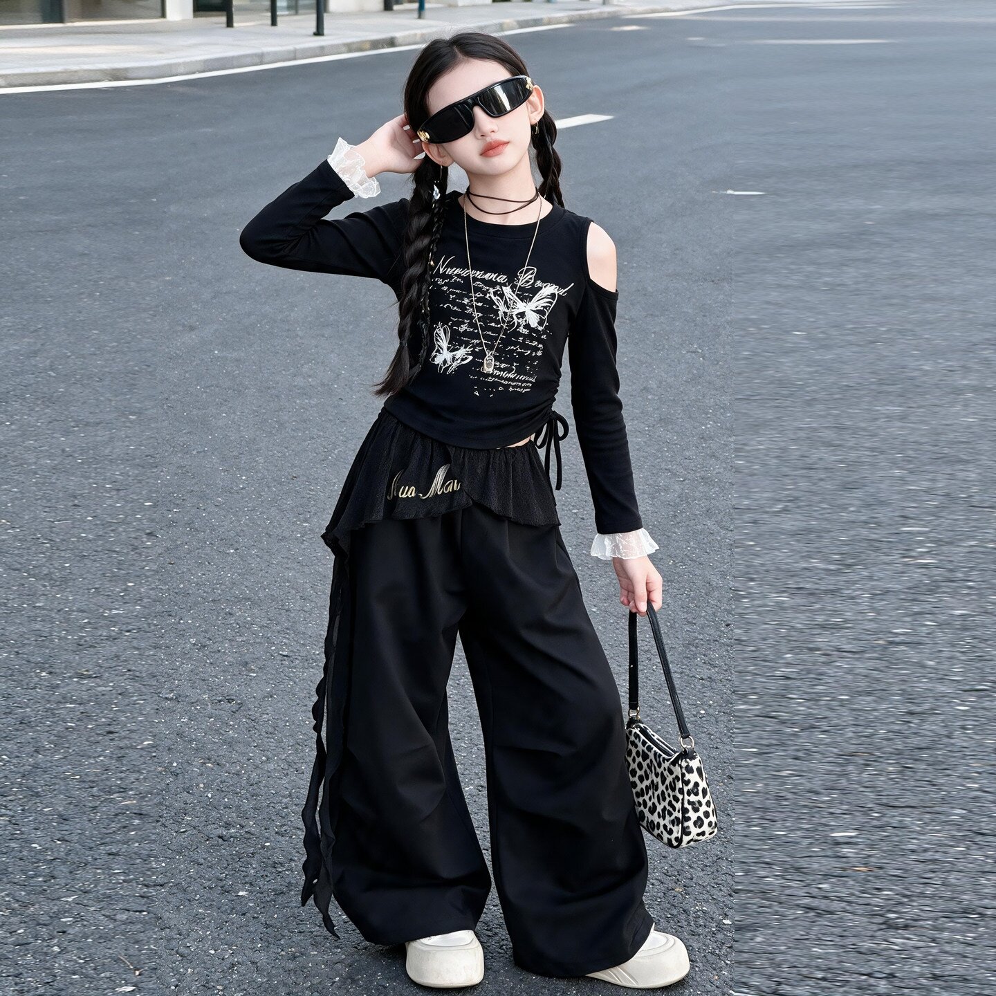 设计款花边女童爵士舞演出服抽绳露肩上衣裙帘阔腿裤酷帅炸街走秀