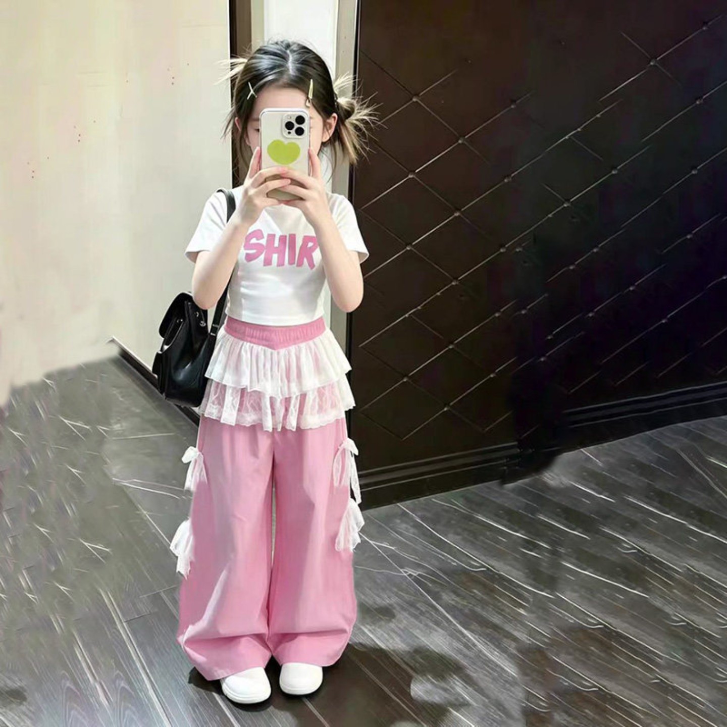 女童爵士舞夏季韩版洋气字母短袖蕾丝屁帘裤两件套粉色舞蹈服儿童