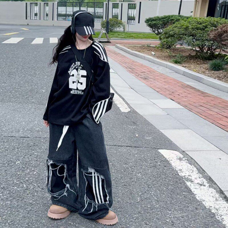 女童秋装套装2026新款女孩秋冬加绒加厚美式潮酷卫衣牛仔裤两件套
