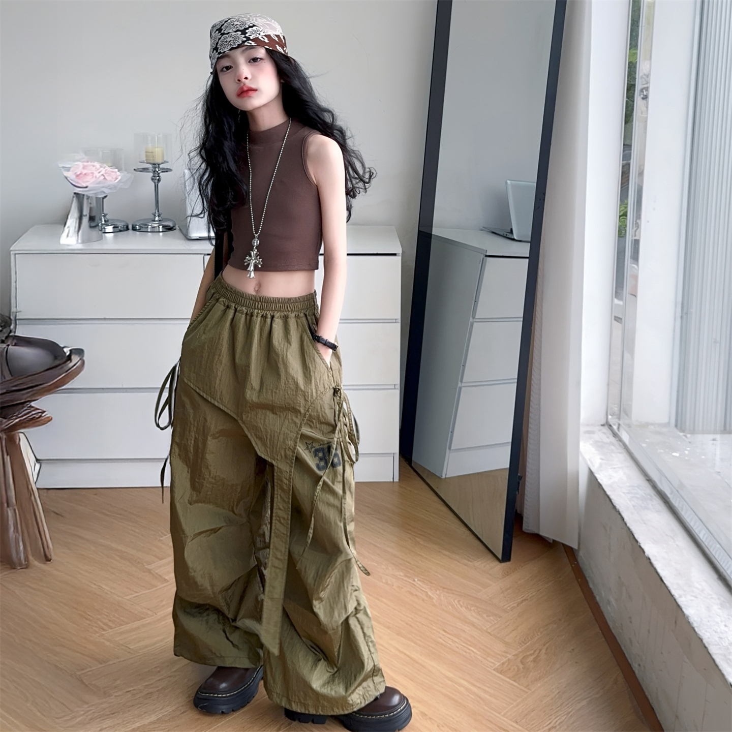 爵士舞美式复古速干工装裤两件套