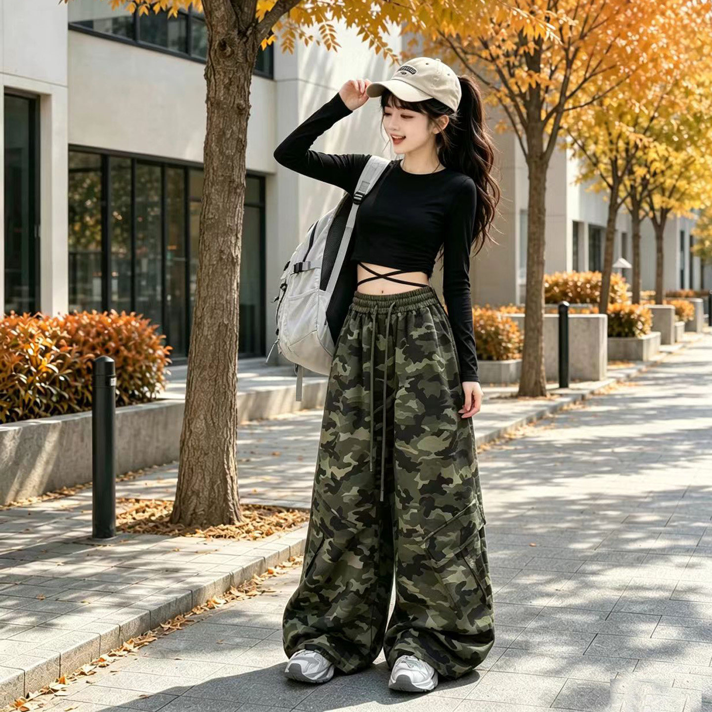 爵士舞女童服装儿童街舞潮练功迷彩阔腿裤帅痞秋季黑色紧身打底衫